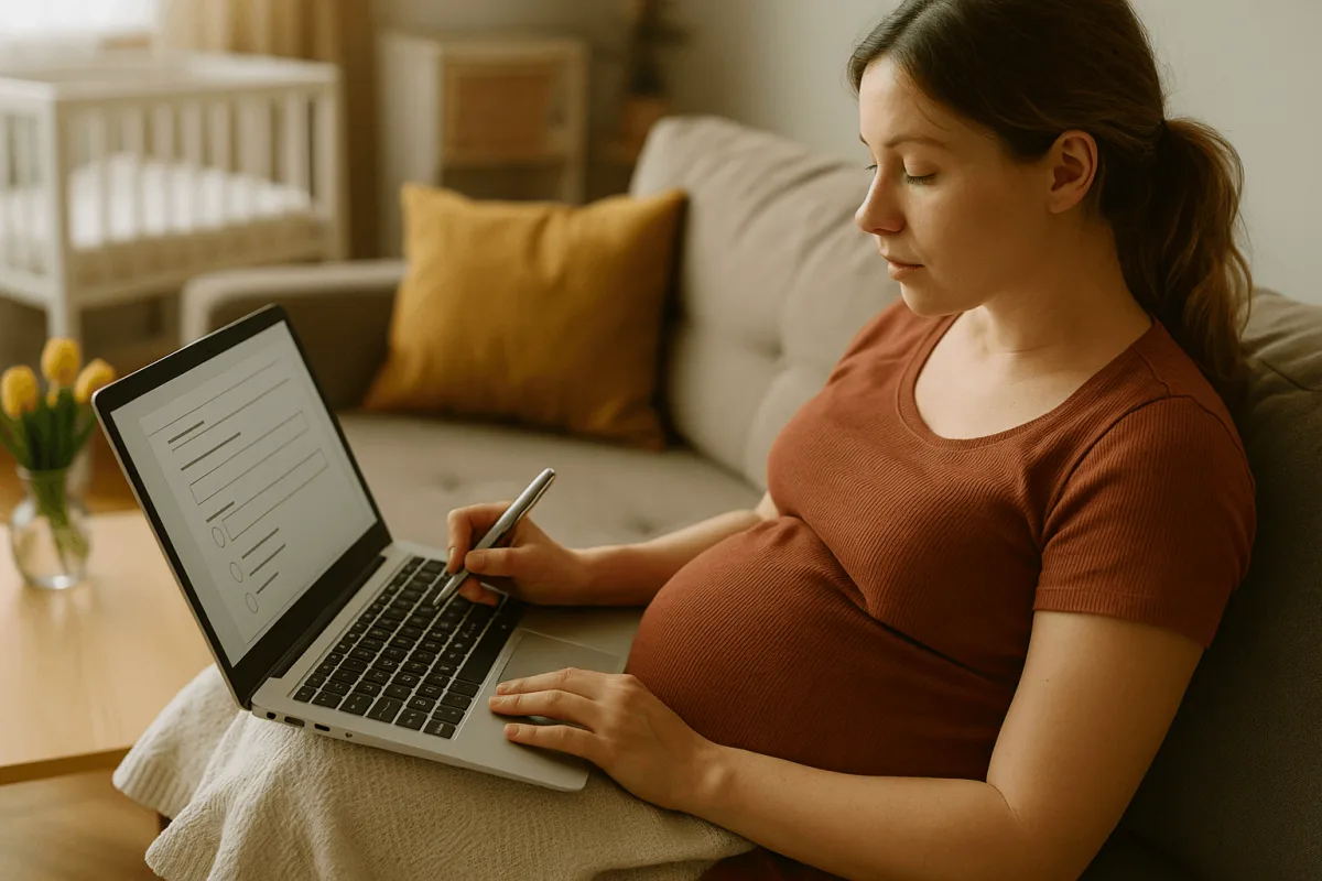 aanstaande moeder vult kraamzorg aanmeldformulier in op laptop
