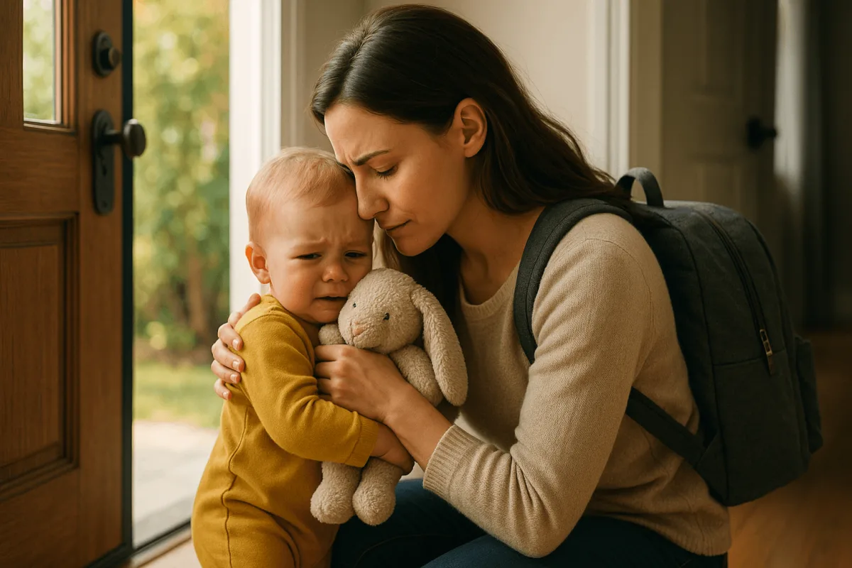 baby angst kinderopvang wennen moeder geeft knuffel bij deur