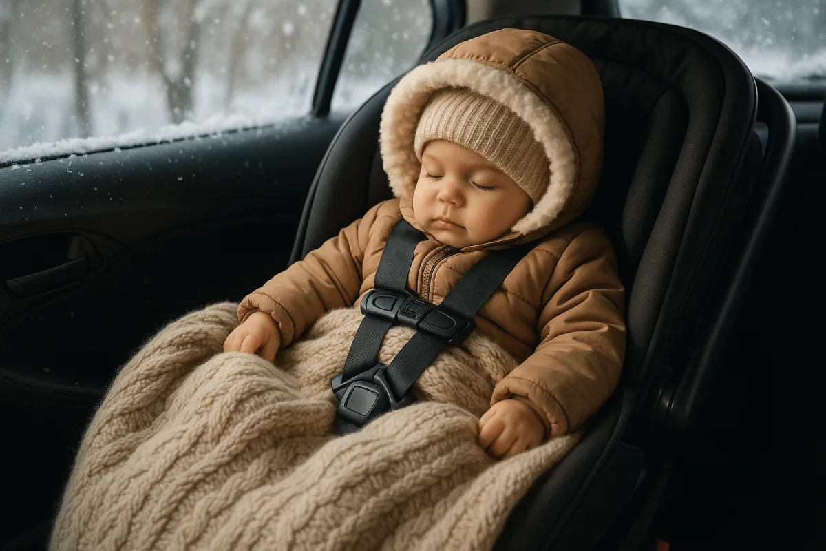 baby in autostoel met warme deken over zich heen winter