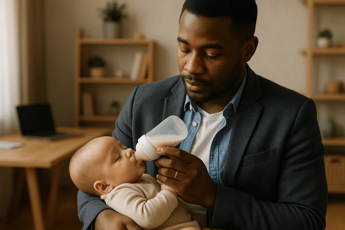 baby drinkt fles moedermelk held door vader thuis