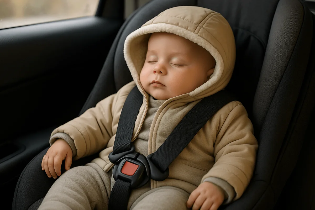baby in dunne fleece laagjes in autostoel veilig aangegord