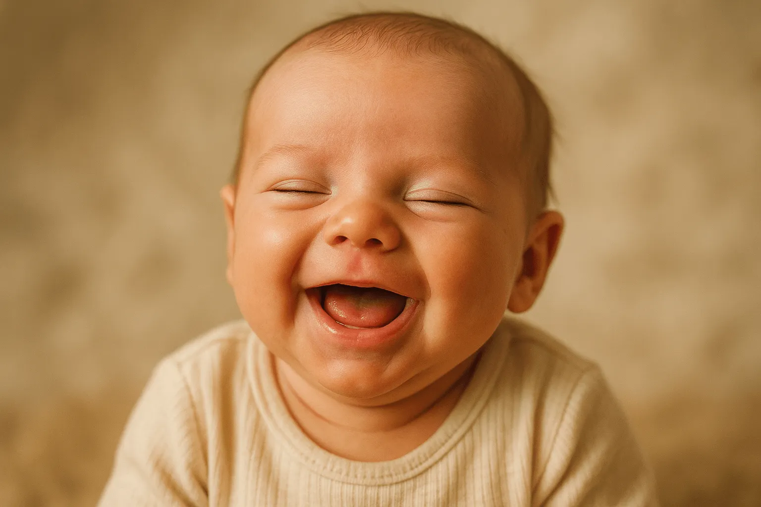 baby eerste glimlach close-up van lachend gezichtje, 6 weken oud