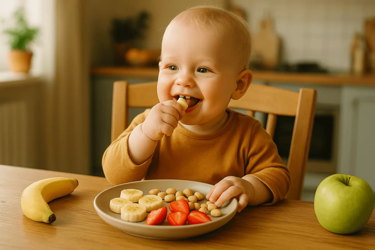 baby eet stukje banaan aan keukentafel vrolijk