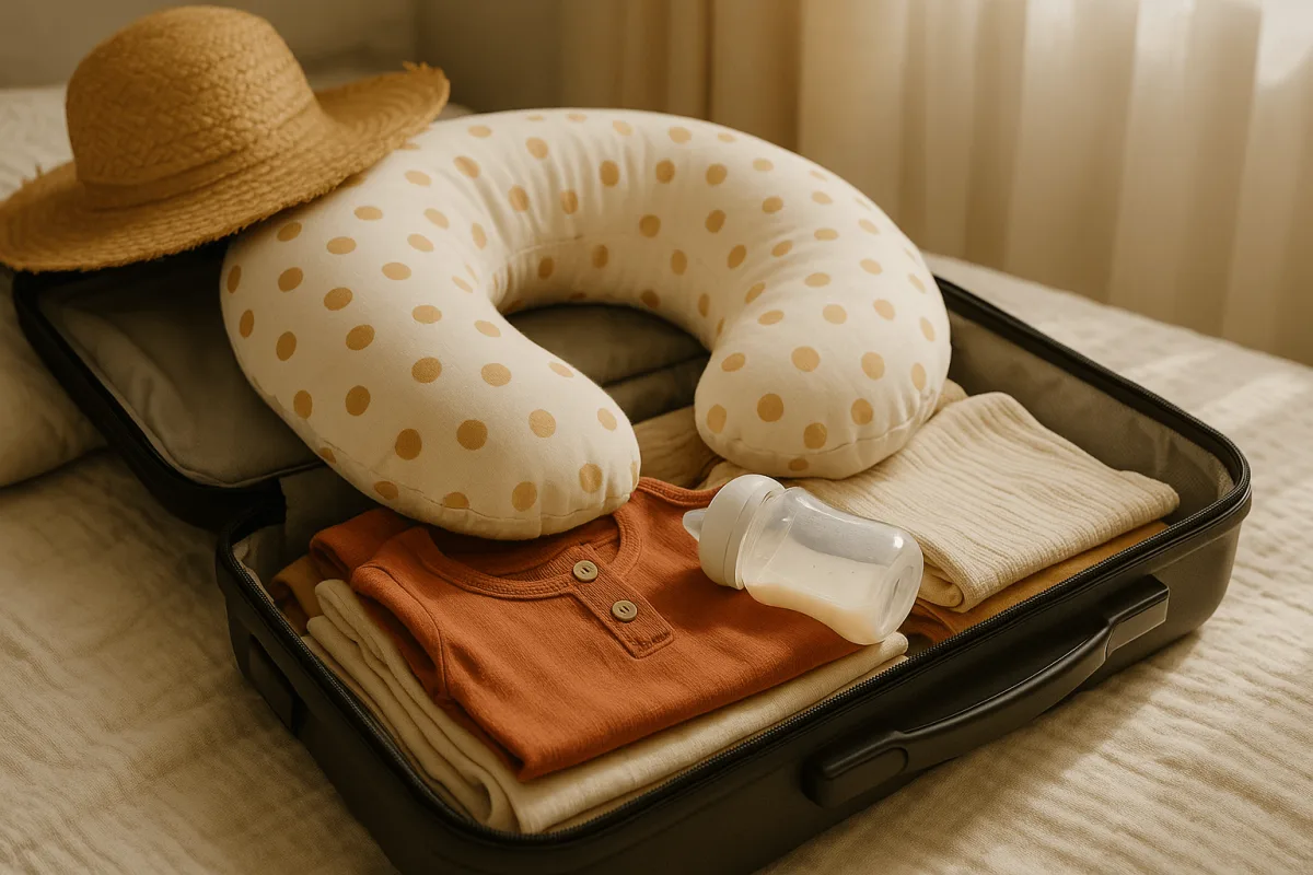 baby fles en borstvoedingskussen ingepakt in reiskoffer voor vakantie