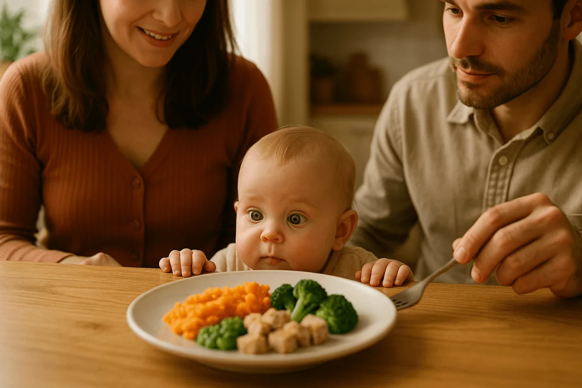 baby grijpt tafelrand kijkt naar eten ouders bord