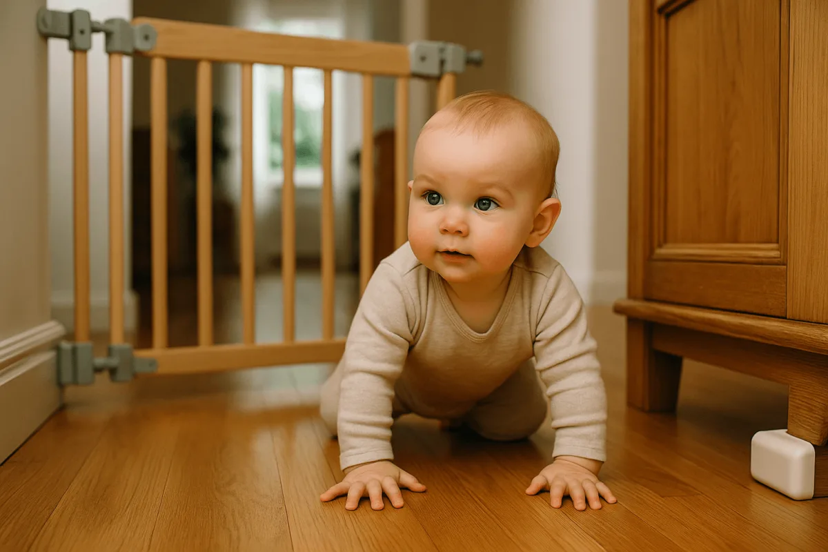 baby op handen en knieën wiegelend op houten vloer