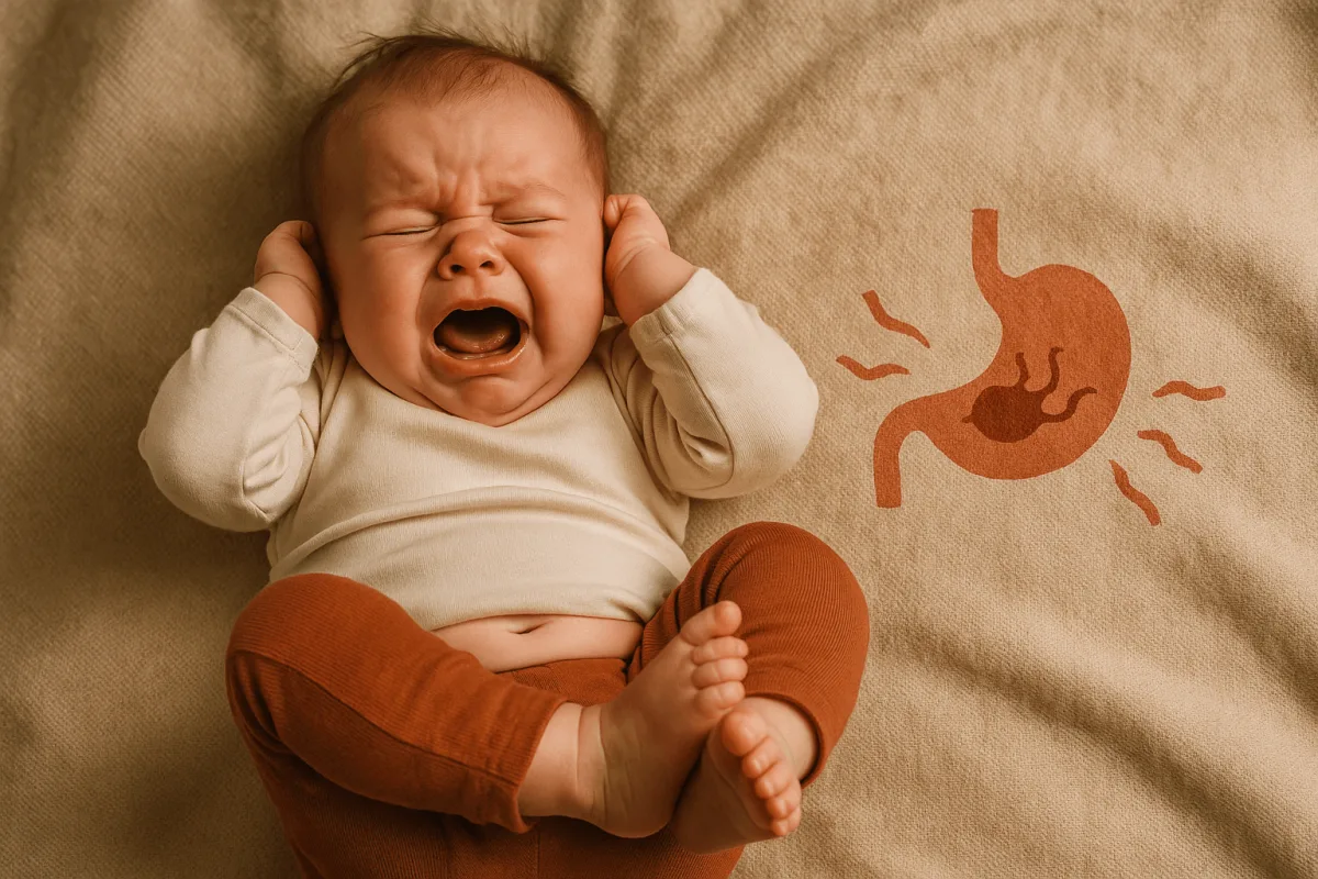 baby huilt met opgetrokken beentjes, koliek buikpijn zichtbaar