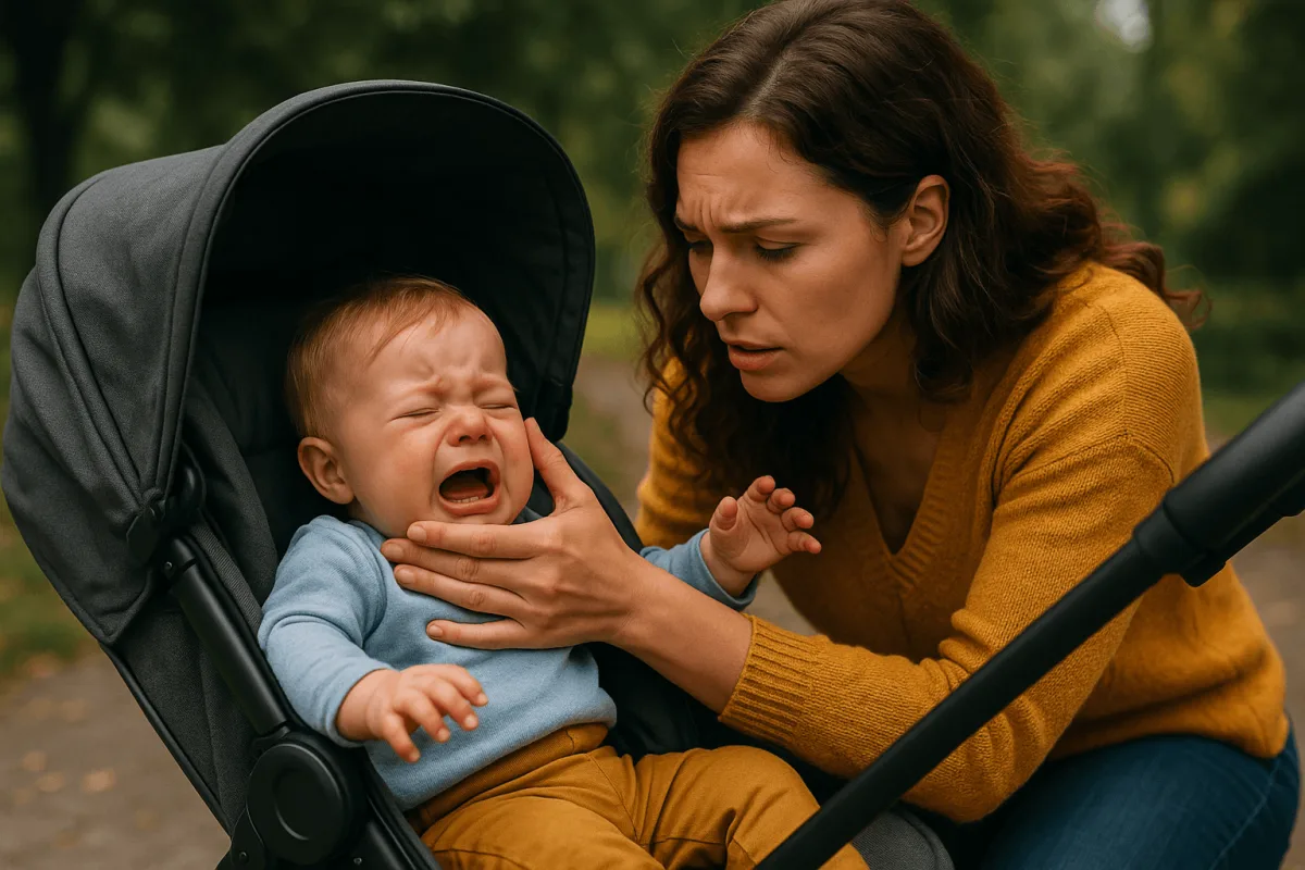 baby kinderwagen weigert moeder probeert kind te kalmeren