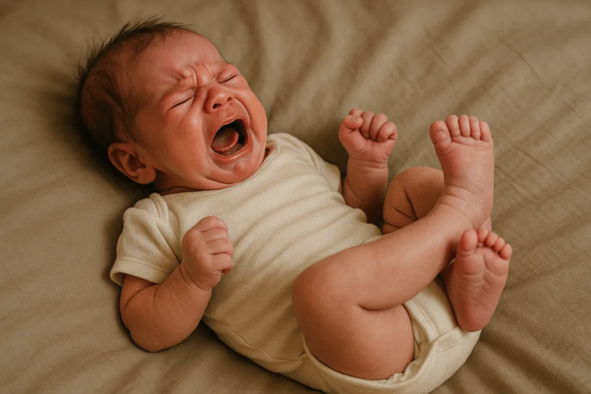baby met koliek trekt beentjes omhoog, huilende newborn buikpijn