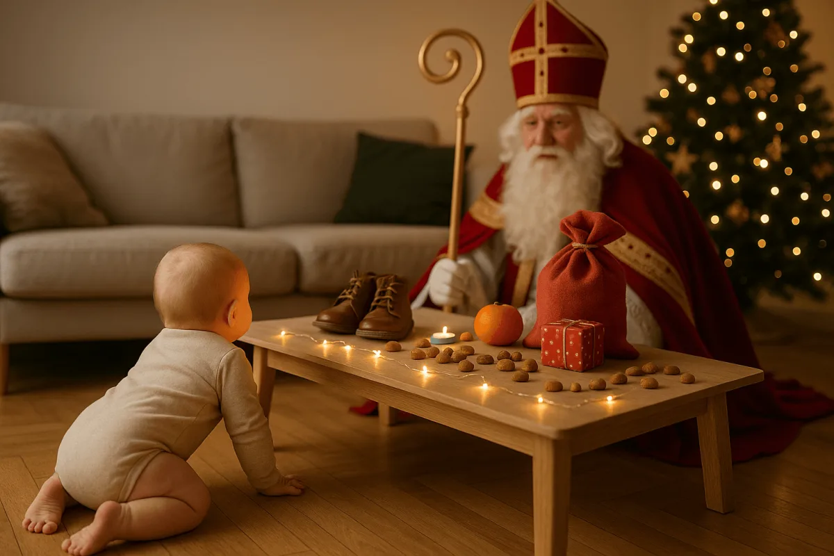 baby kruipt richting sinterklaas decoraties lage tafel woonkamer