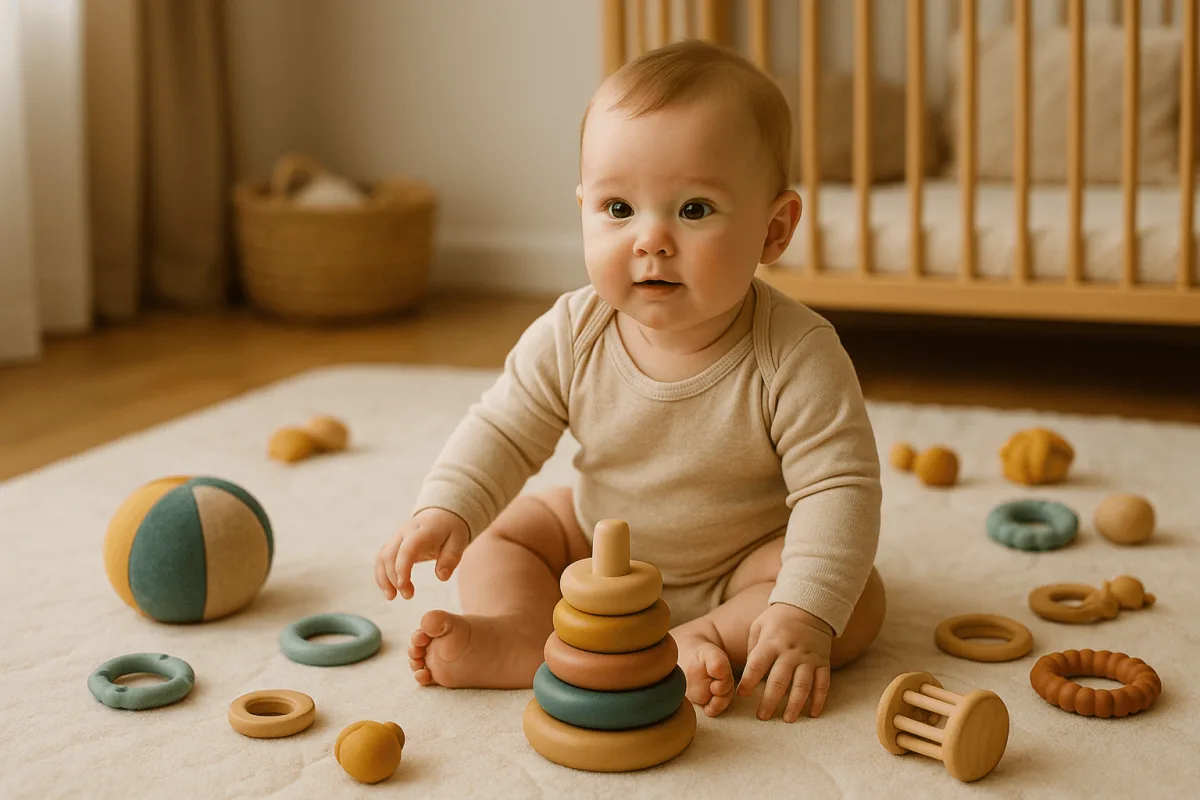 baby leert zitten op zachte mat met speelgoed rond hem