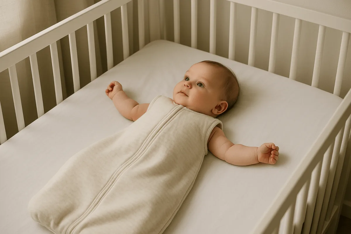 baby liggend op rug in wit ledikant met slaapzak zonder extra materialen