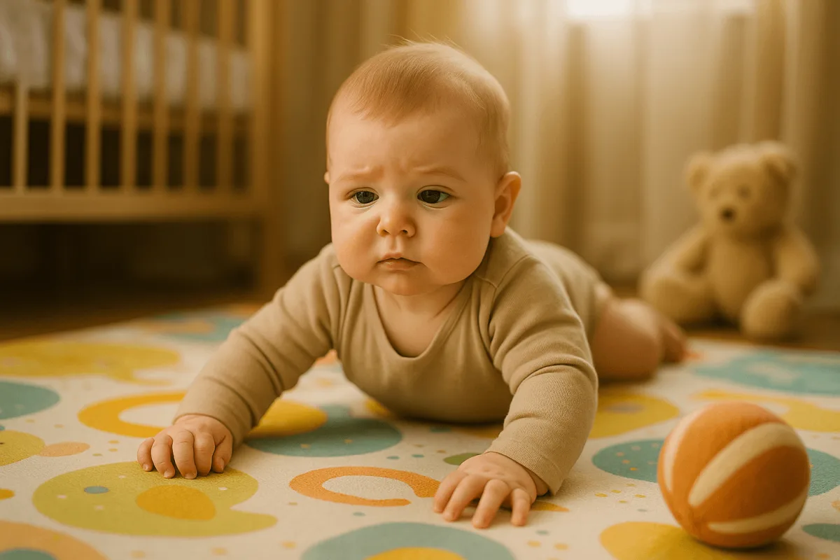 baby maanden niet zittend, oefent op buikligging op speelkleed