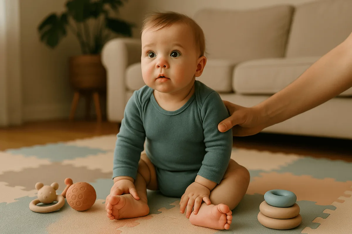 baby van 9 maanden zit op speelmat met ondersteuning