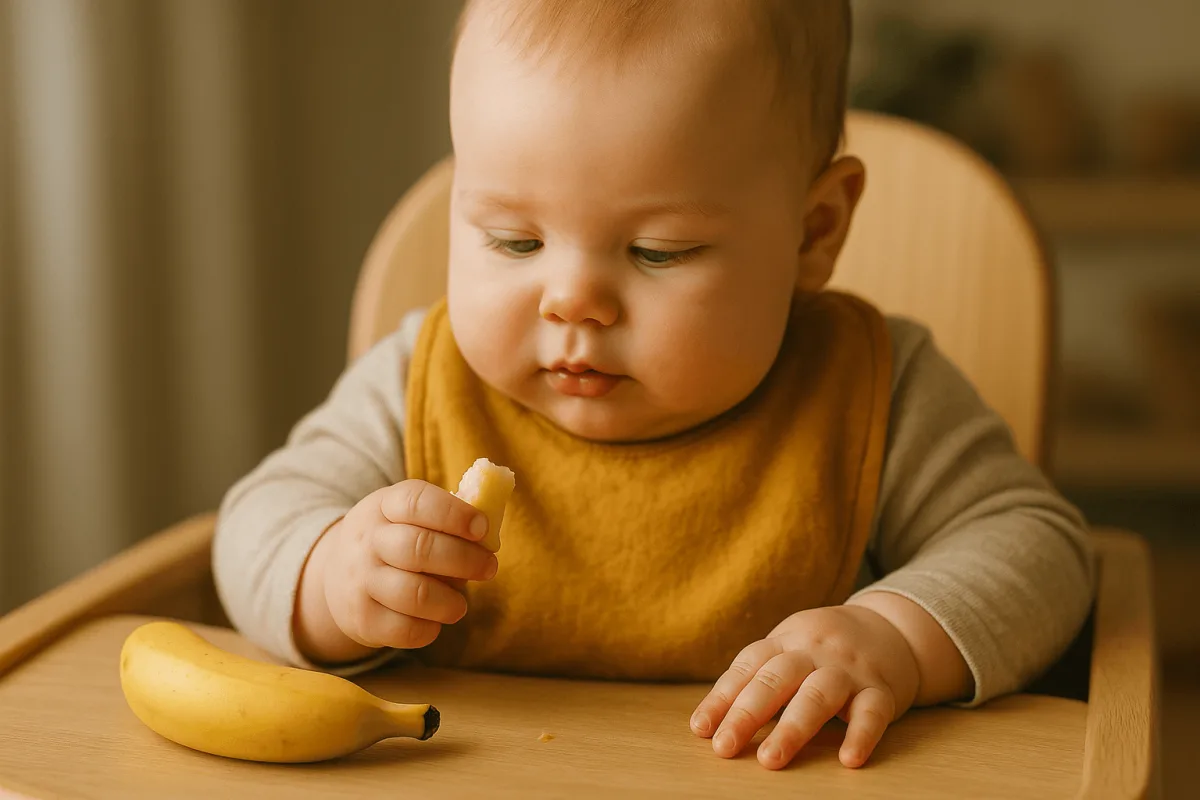 baby pakt zelf stukje zachte banaan babyled weaning kinderstoel