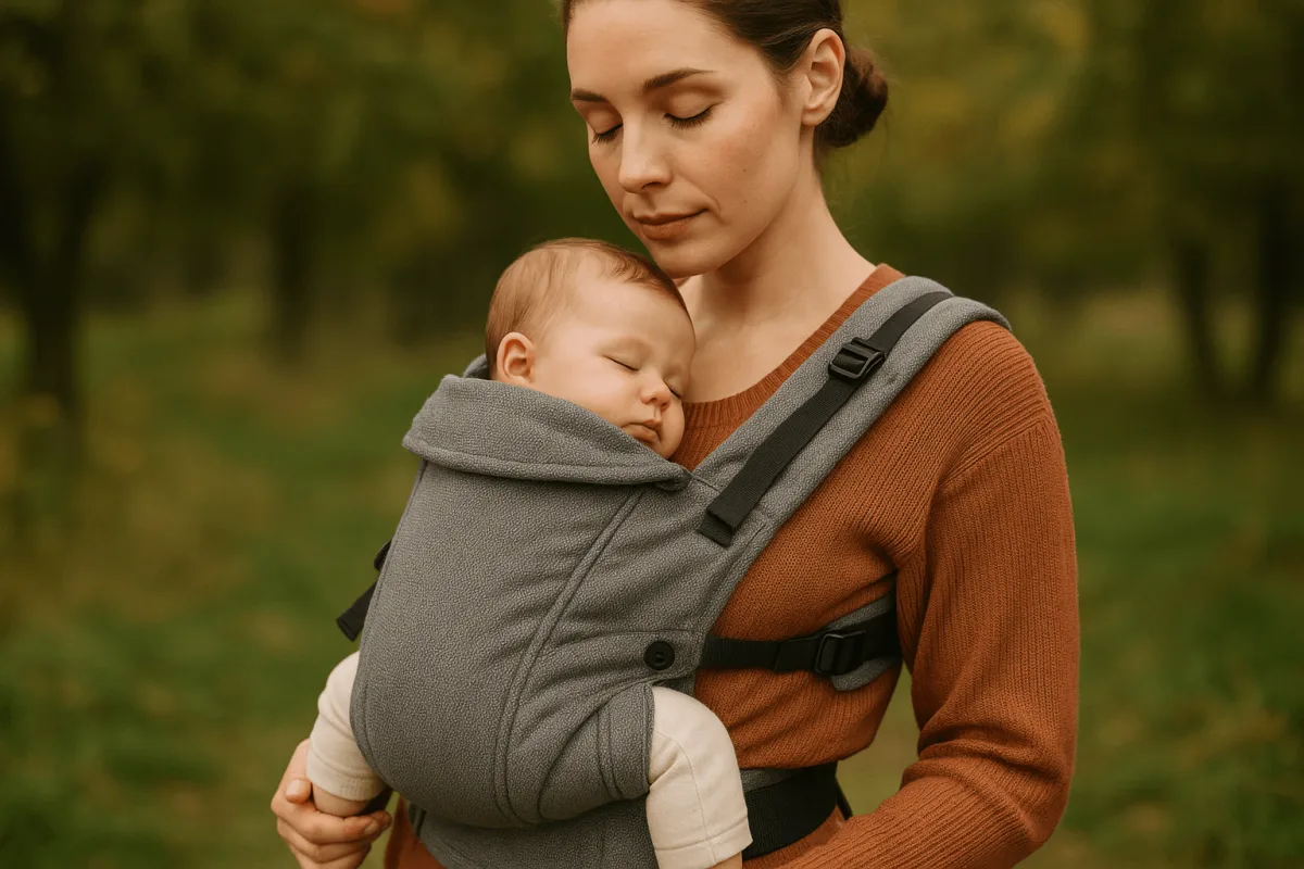 baby in M-positie in ergonomische draagzak, knieën hoger dan billen