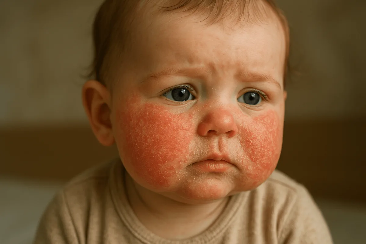 baby met rode wangen en schilferige huid close-up