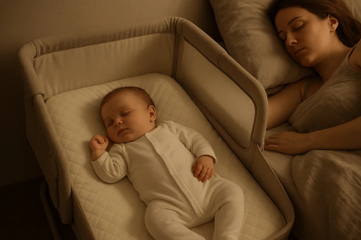 baby slaapt niet wiegje maar wel rustig in bedside crib naast ouderbed