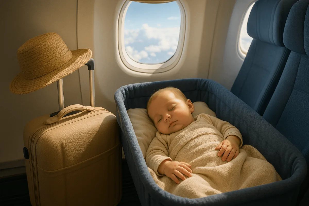 baby slaapt in vliegtuigwiegje bassinet vlucht eerste reis