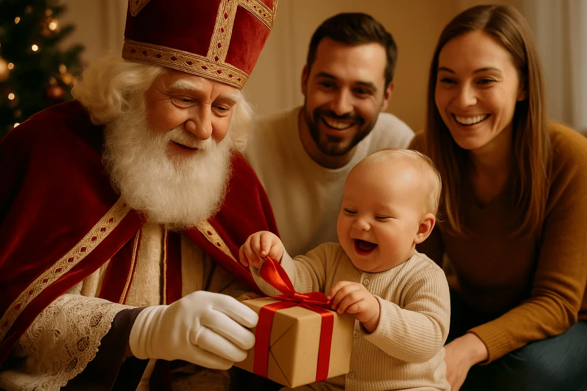 baby speelt veilig cadeautje sinterklaas ouders kijken toe glimlachend