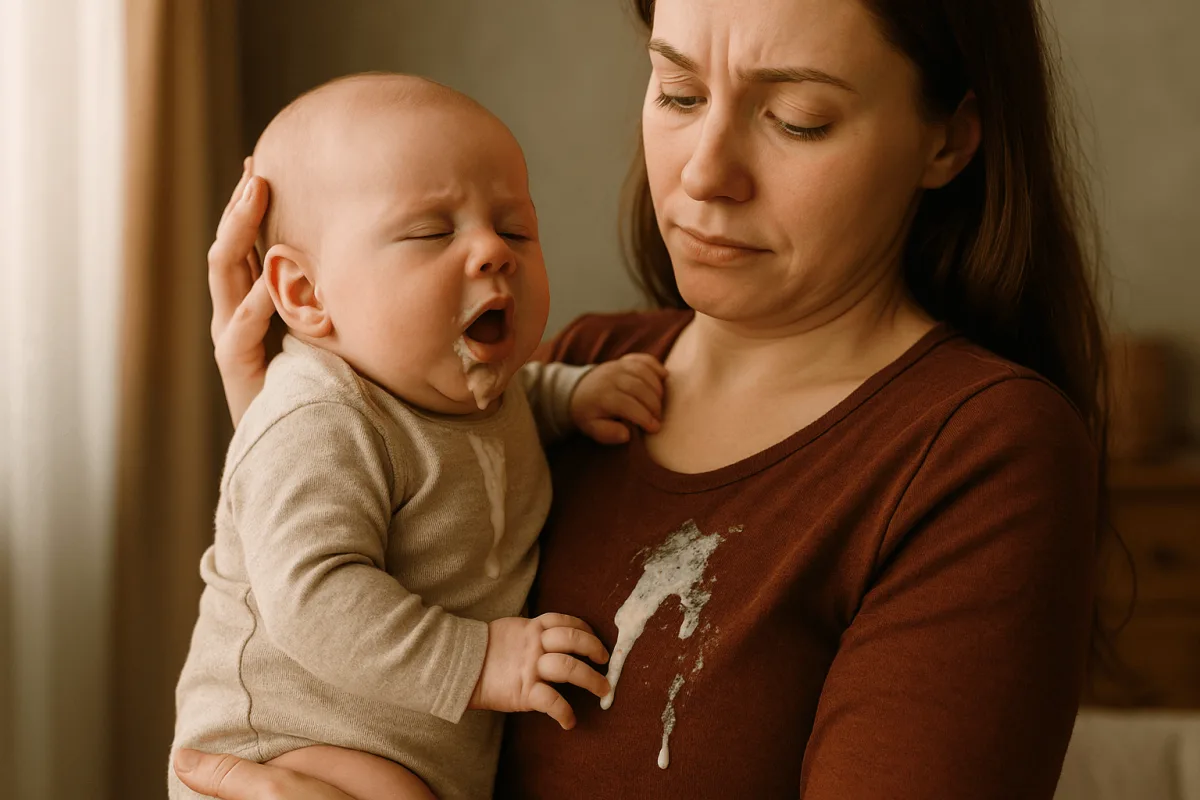 baby spuugt veel na voeding terwijl moeder hem ophoudt
