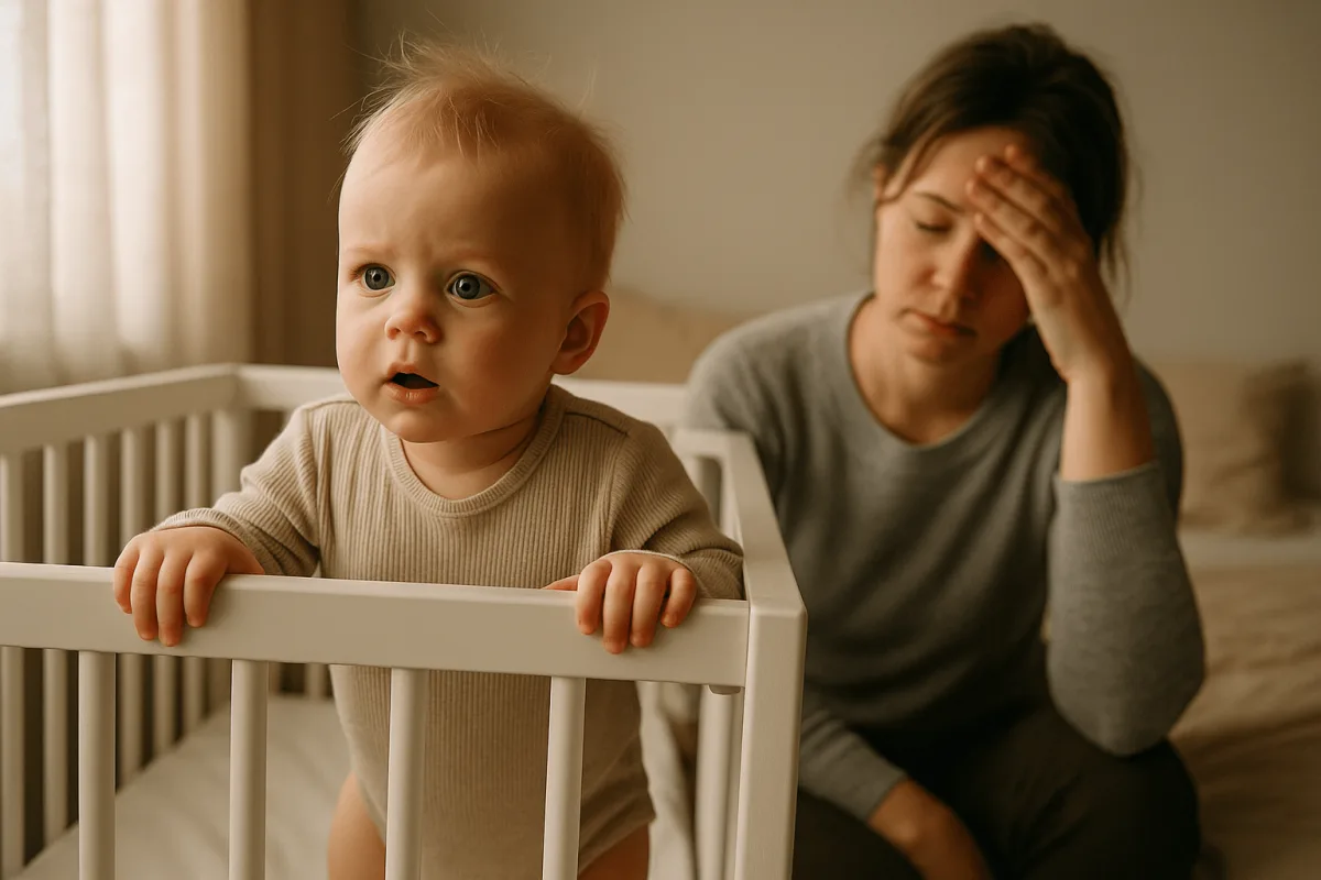 baby wakker in bedje tijdens ontwikkelingsspurt slaap, vermoeide ouder