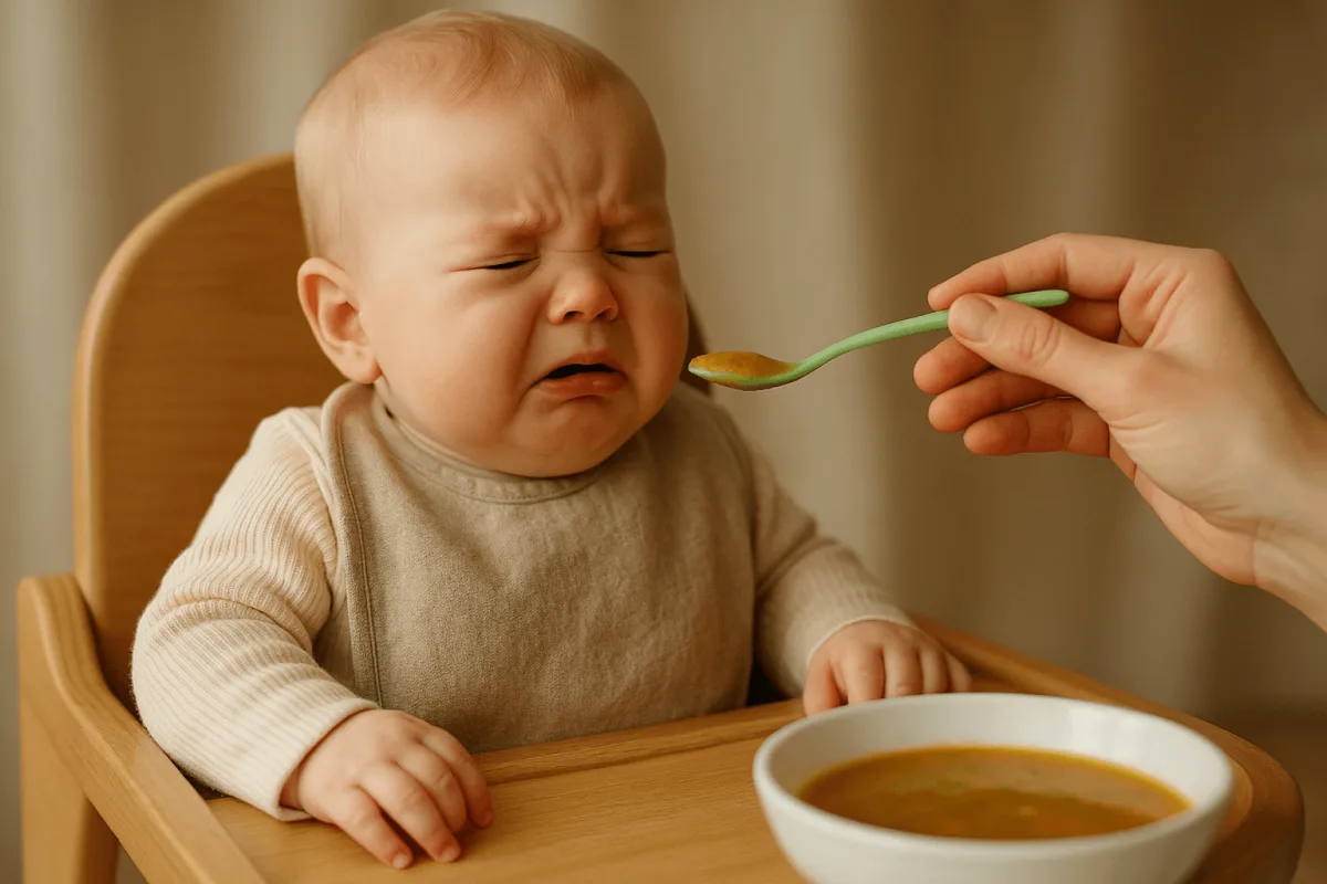 baby weigert eerste keer eten lepeltje groentesoep kinderstoel