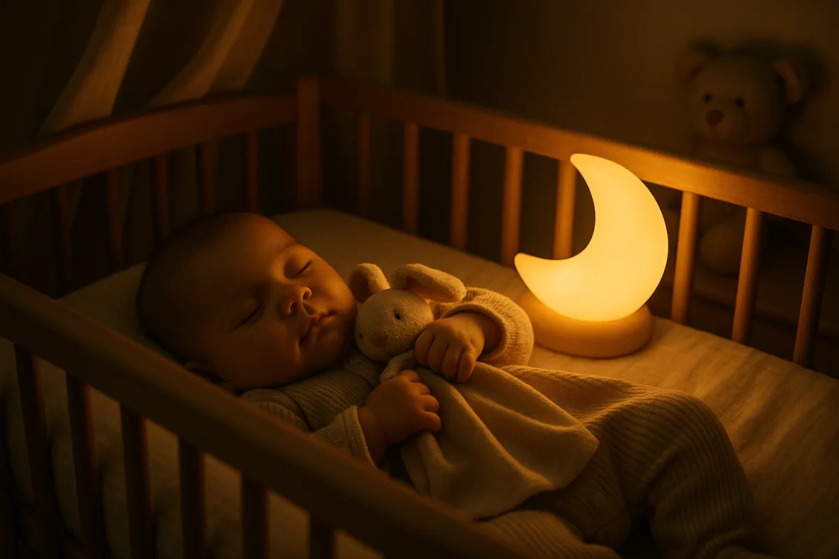 baby in wieg met knuffeldoekje en zacht nachtlampje, rustige slaapomgeving