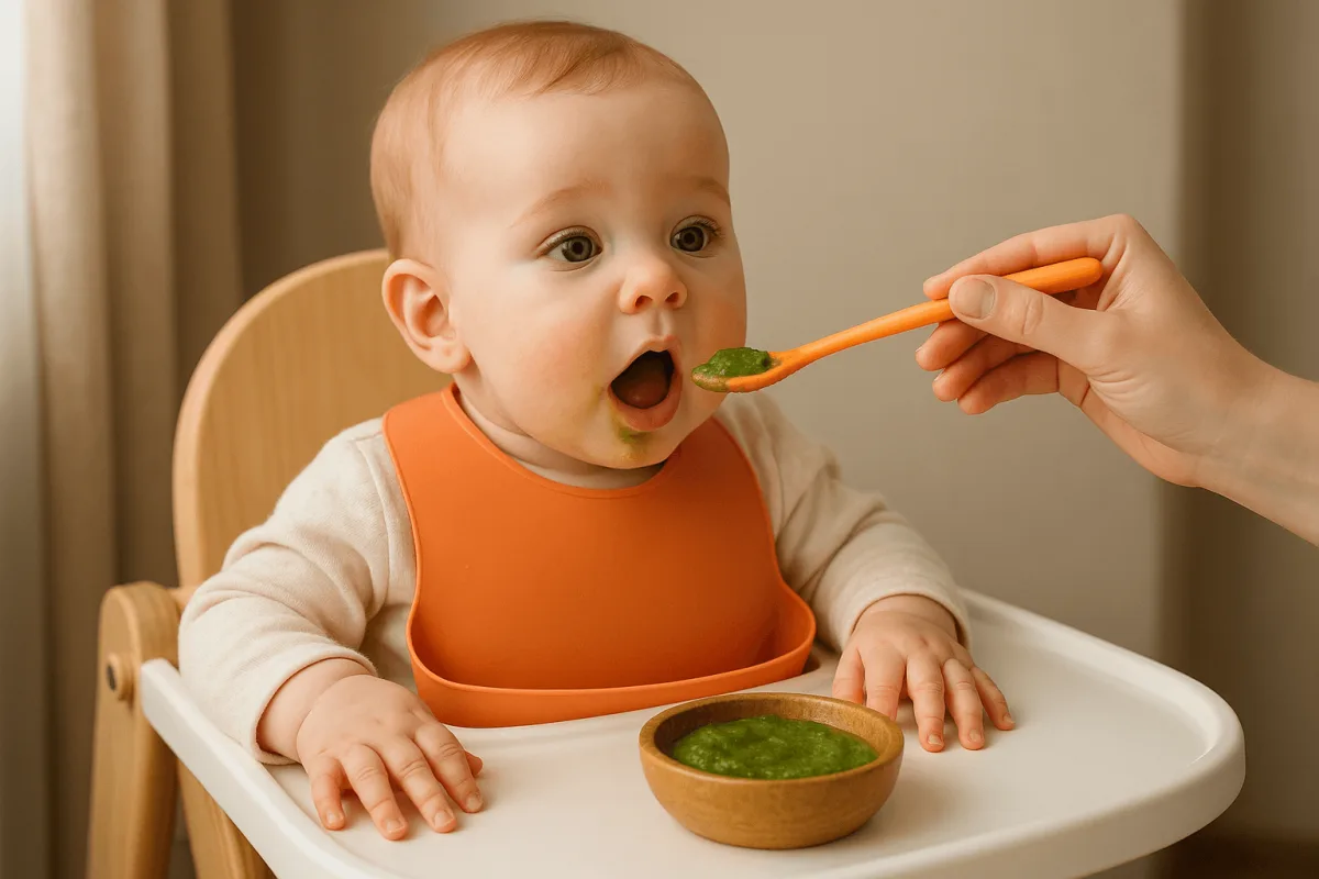 baby zit in kinderstoel met eerste hapje groentepuree