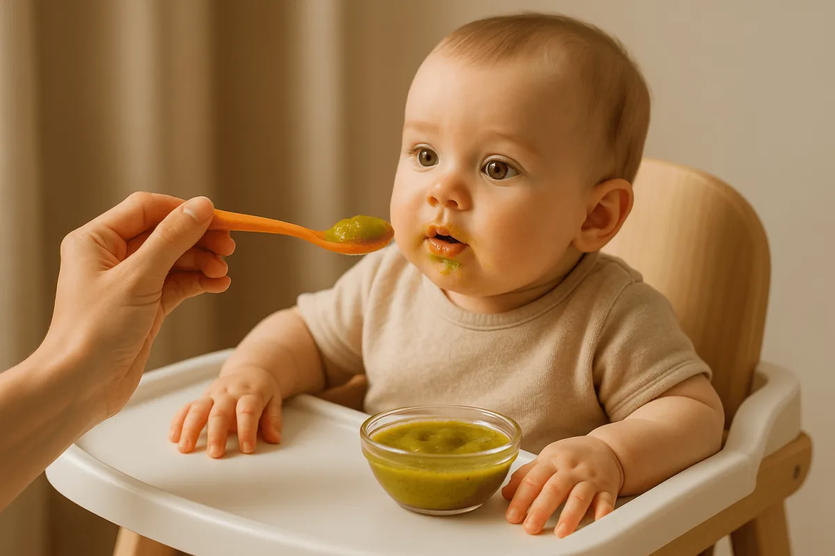baby zit kinderstoel met groentepuree lepel mond zes maanden