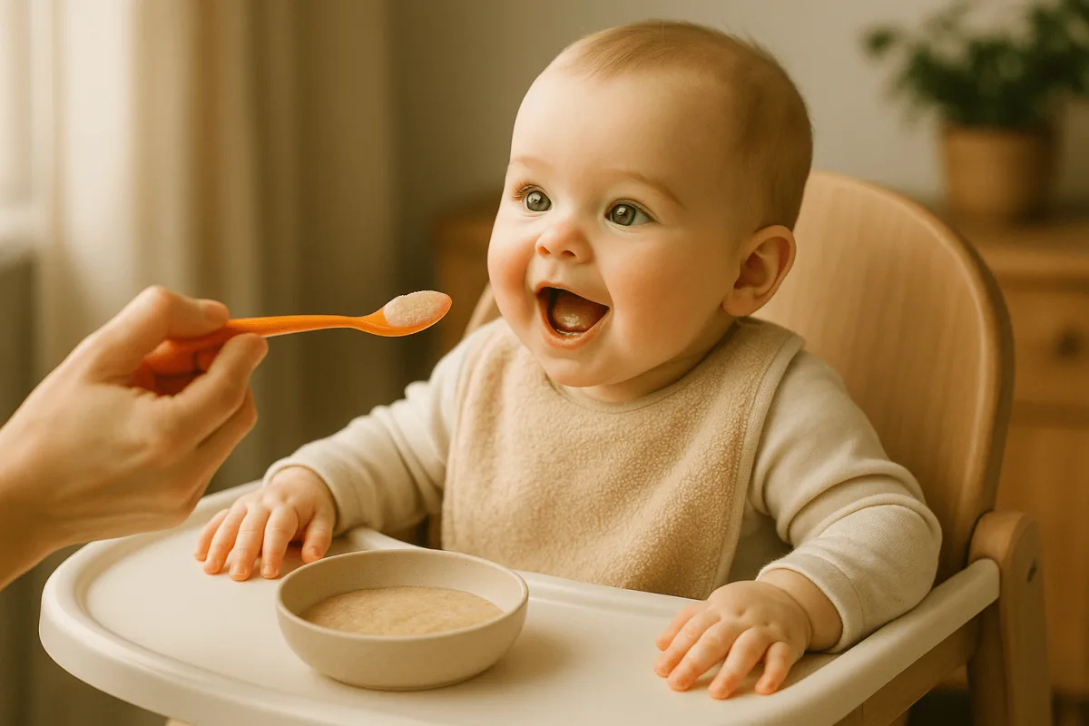 baby zit rechtop in kinderstoel eerste vaste voeding