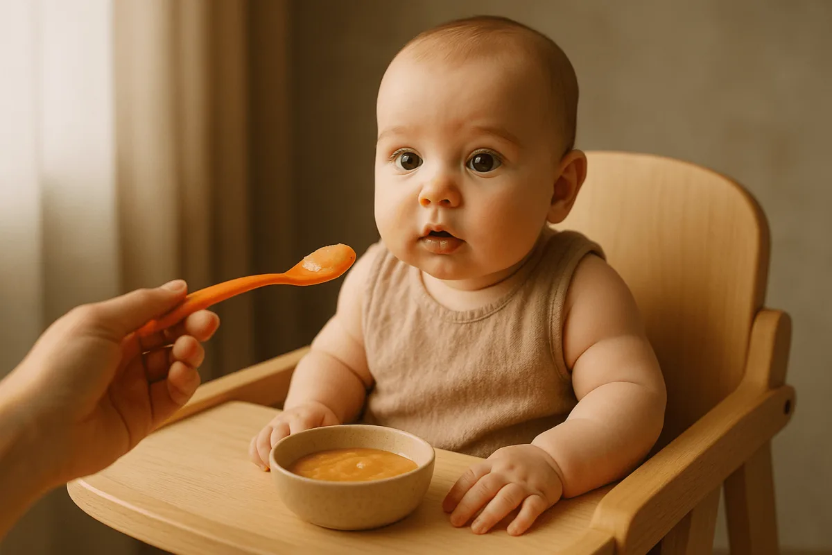 baby zit rechtop in kinderstoel klaar voor eerste hapje eten