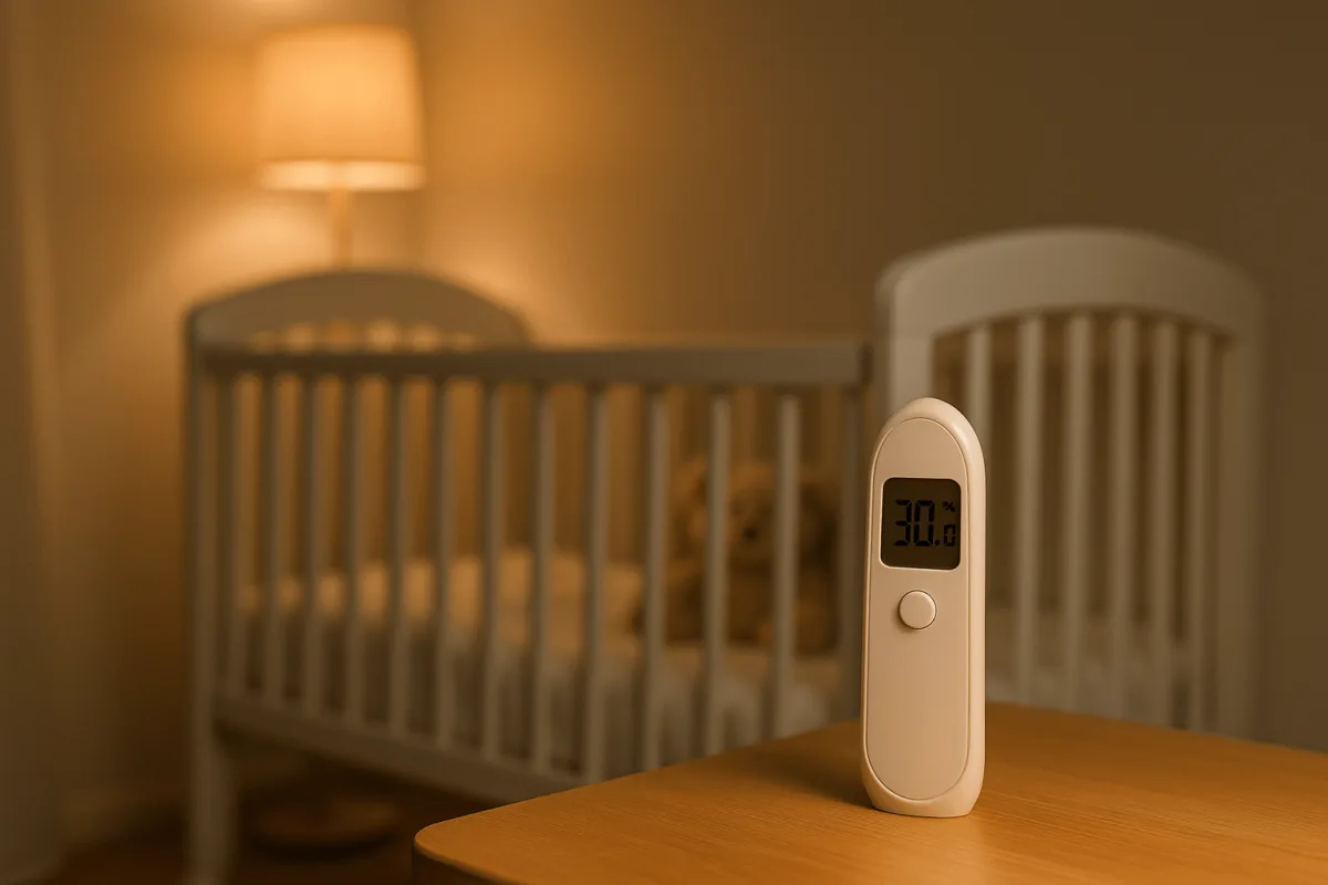 babykamer thermometer naast witte wieg en zachte verlichting