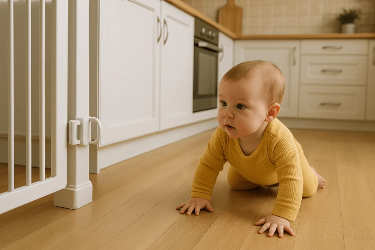 babyproof huis kruipen baby op vloer keuken