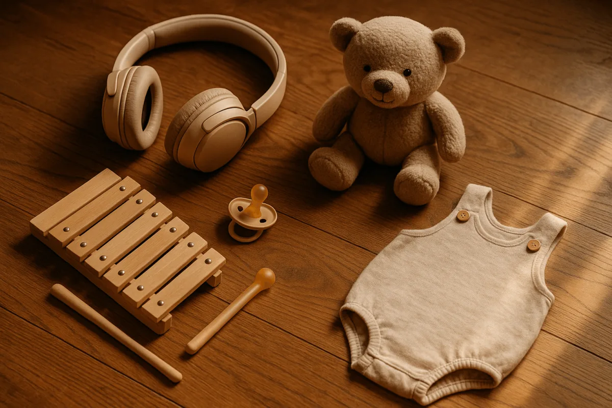babyspullen waarnaar luistert maart uitgestald op houten vloer