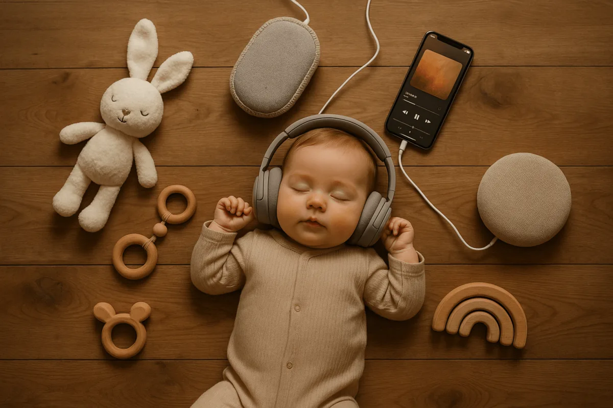 babyspullen waarnaar luistert maart verzameld op houten vloer