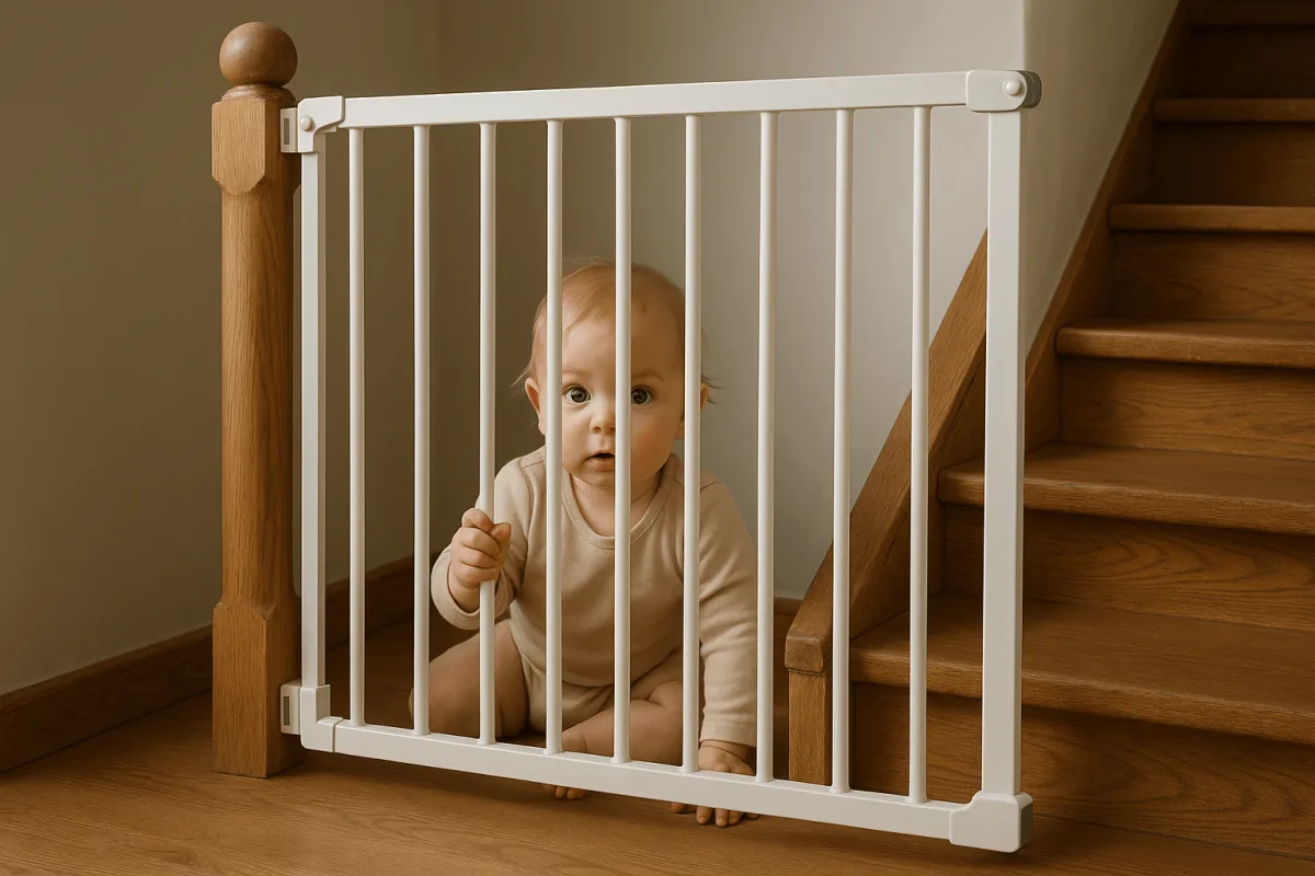 babyveiligheidshekje geïnstalleerd op houten trap met baby