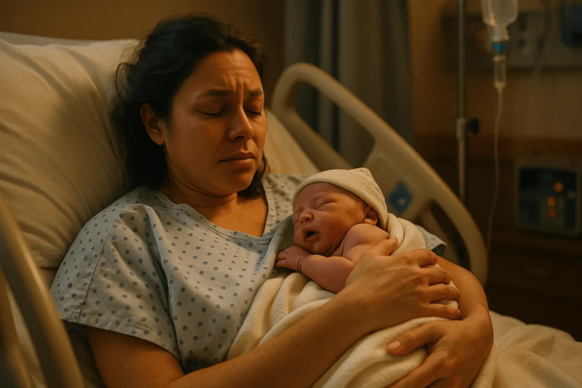 bevalling verliep anders verwacht moeder in ziekenhuisbed met pasgeboren baby