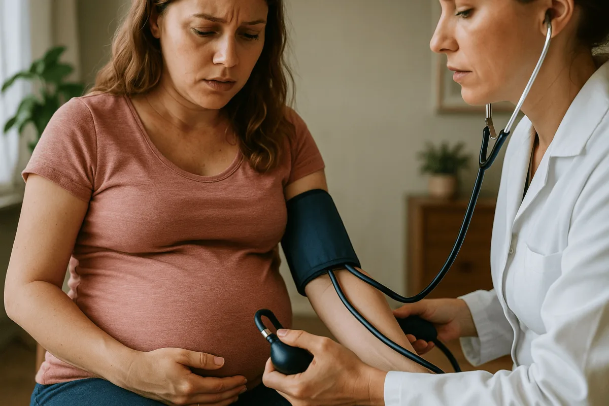 bloeddrukband om arm zwangere vrouw controle bij verloskundige