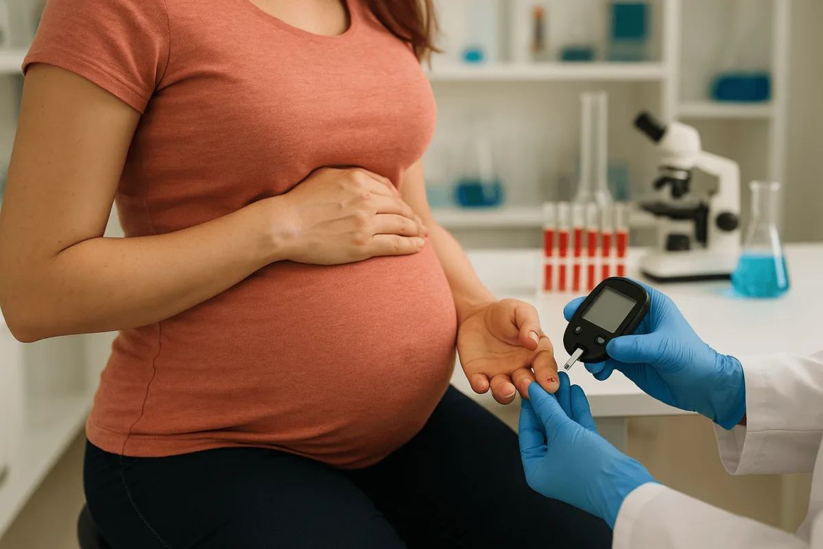 bloedsuikertest bij zwangere vrouw in laboratorium tijdens zwangerschap