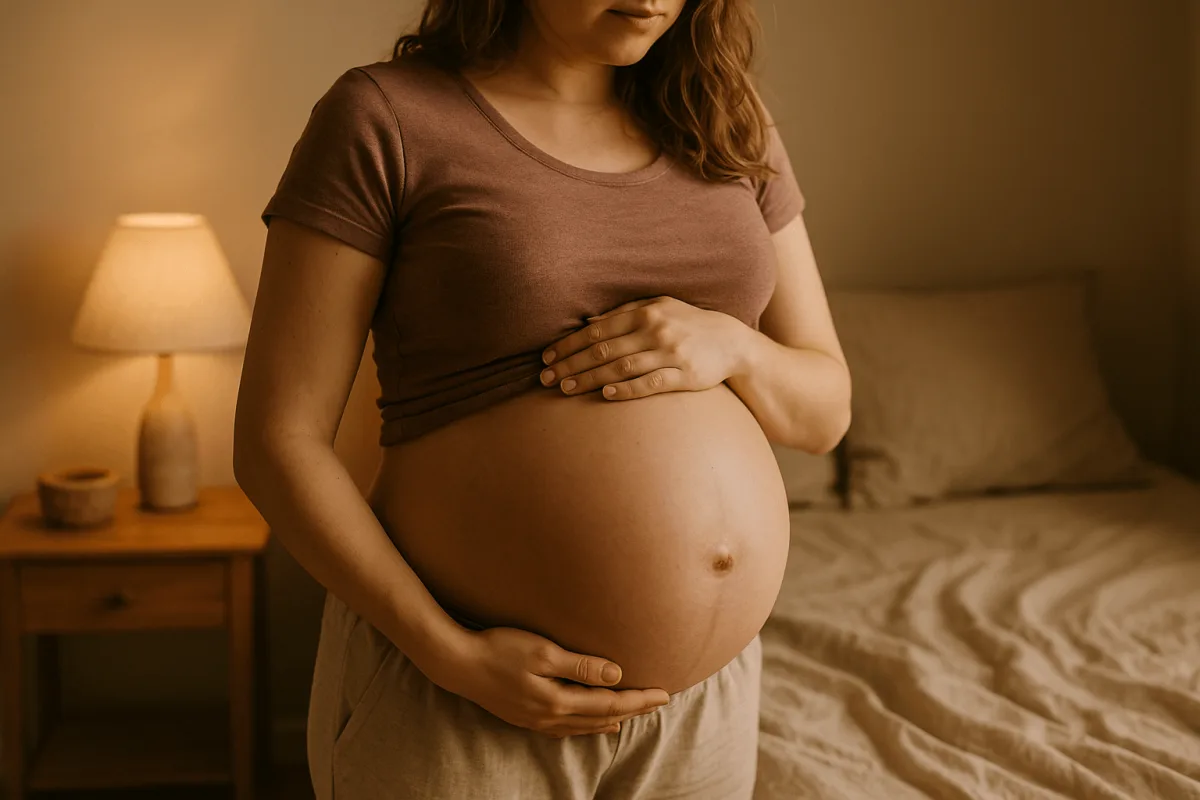 buikfoto zwangere vrouw week 32 derde trimester thuis