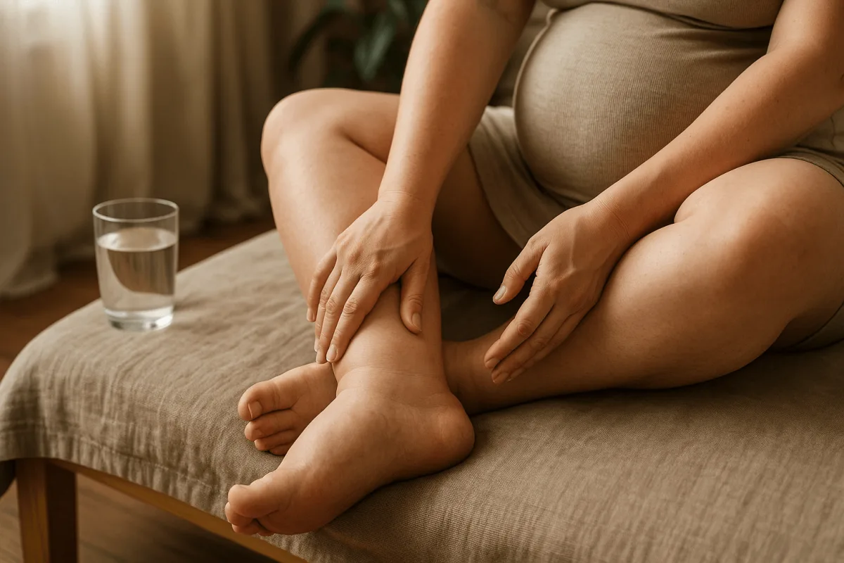 close-up van gezwollen voeten en enkels derde trimester zwangerschap