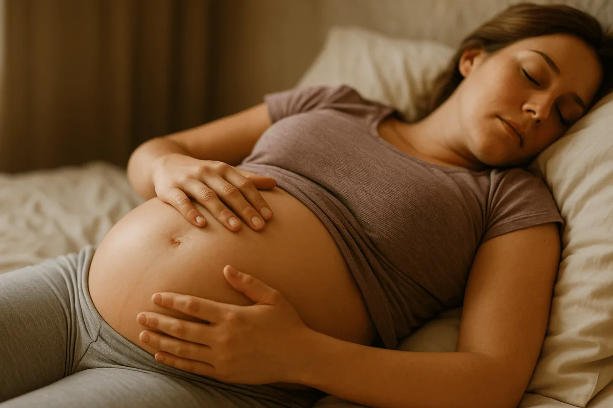 close-up van zwangere buik met handen week 32 zwangerschap