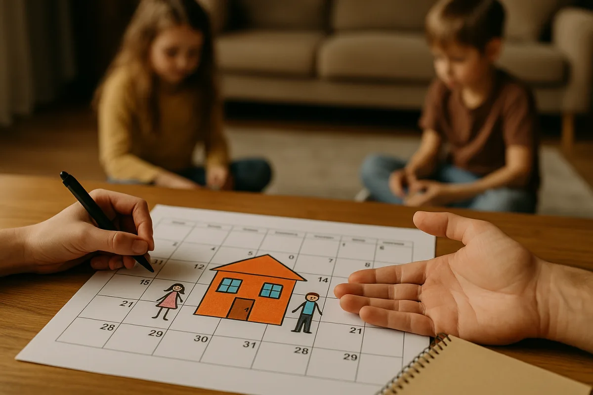 co-parentingplan met kalender op tafel, kinderen op achtergrond