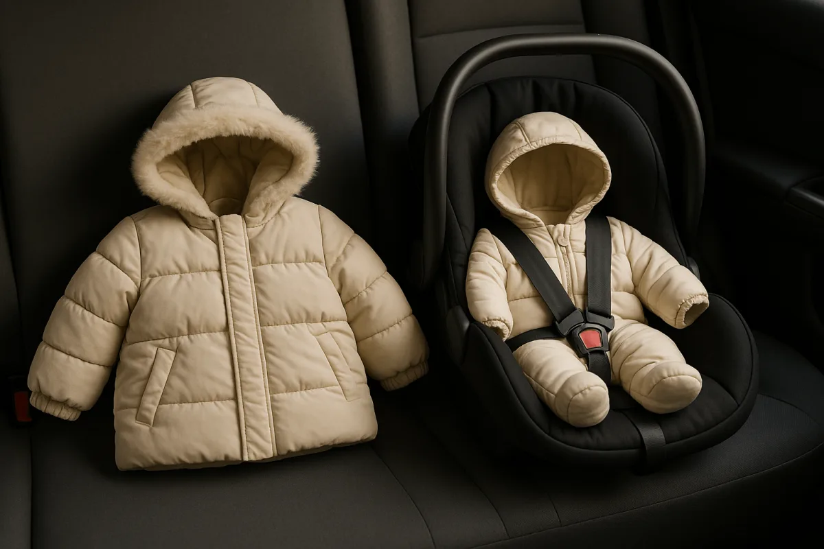 dikke baby winterjas naast autostoeltje ter vergelijking