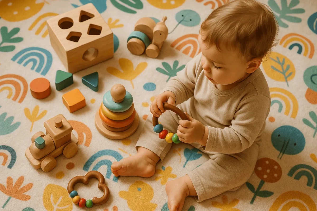 diverse houten speelgoed peuters verzameld op vrolijk speelkleed