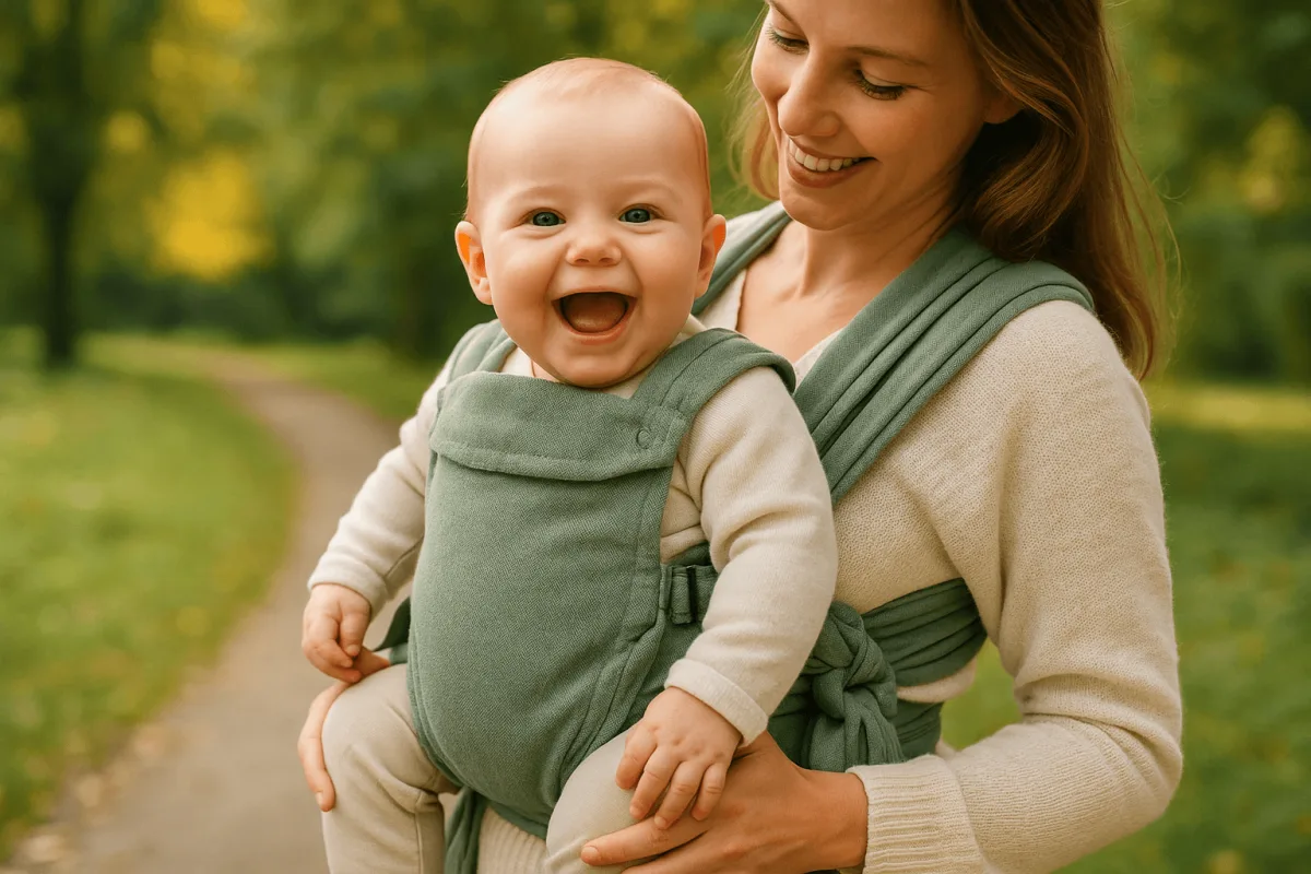 gelukkige baby in Stokke Limas babydrager lacht naar camera buiten
