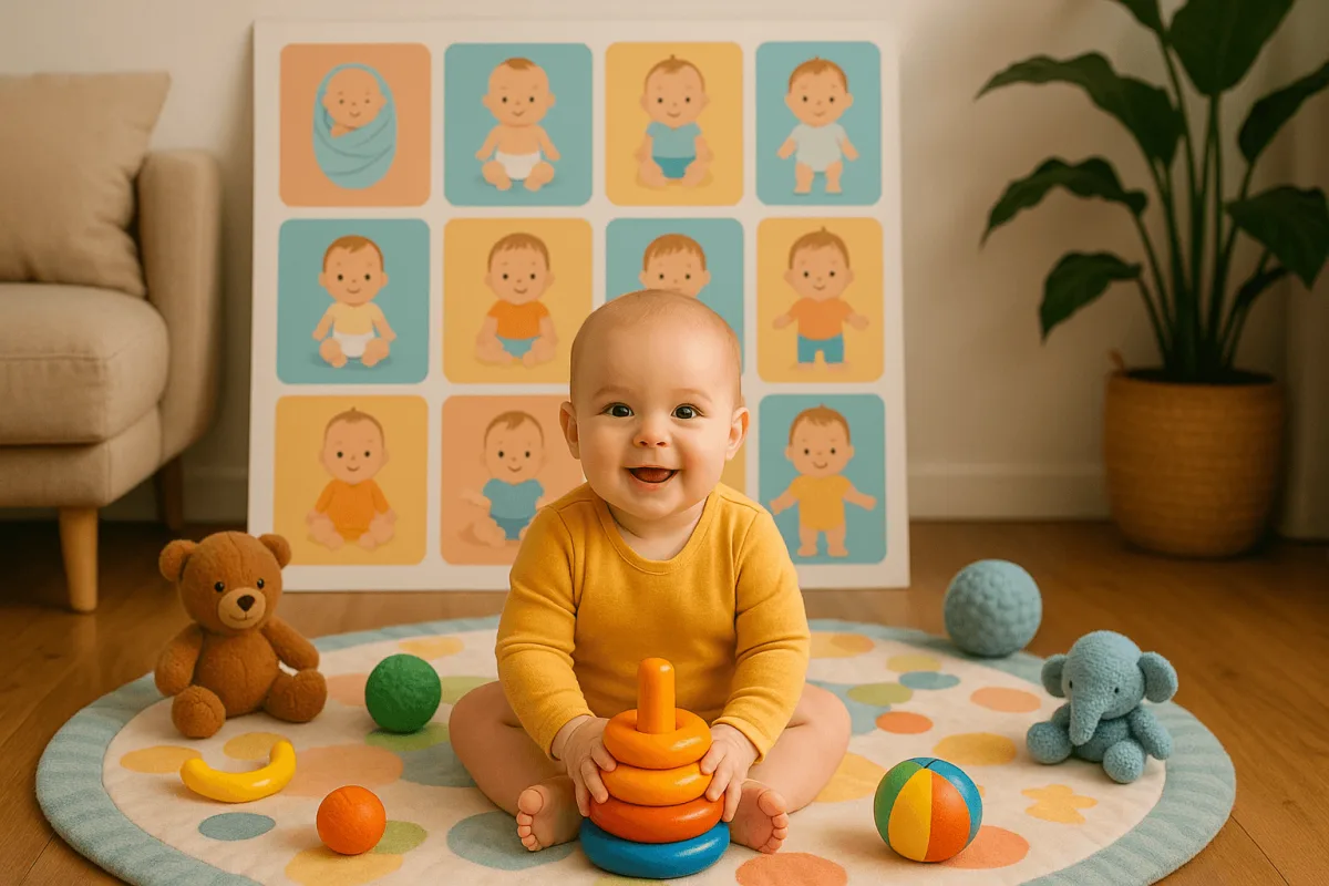 gelukkige baby zit rechtop op speelkleed met speelgoed