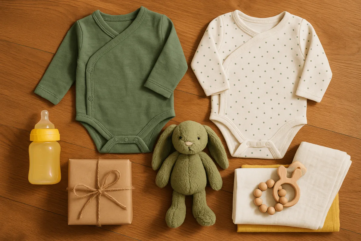 genderneutrale babykleding groen geel wit op een houten vloer