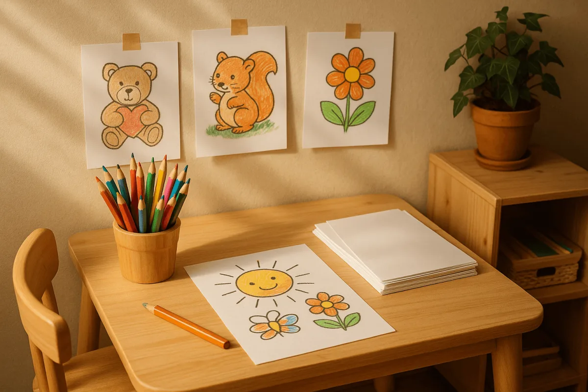 gezellige kleurhoek voor peuter met potloden en papier